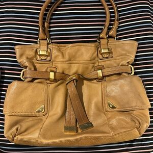 B. Makowsky Tan Leather Shoulder Bag with Gold Accents.